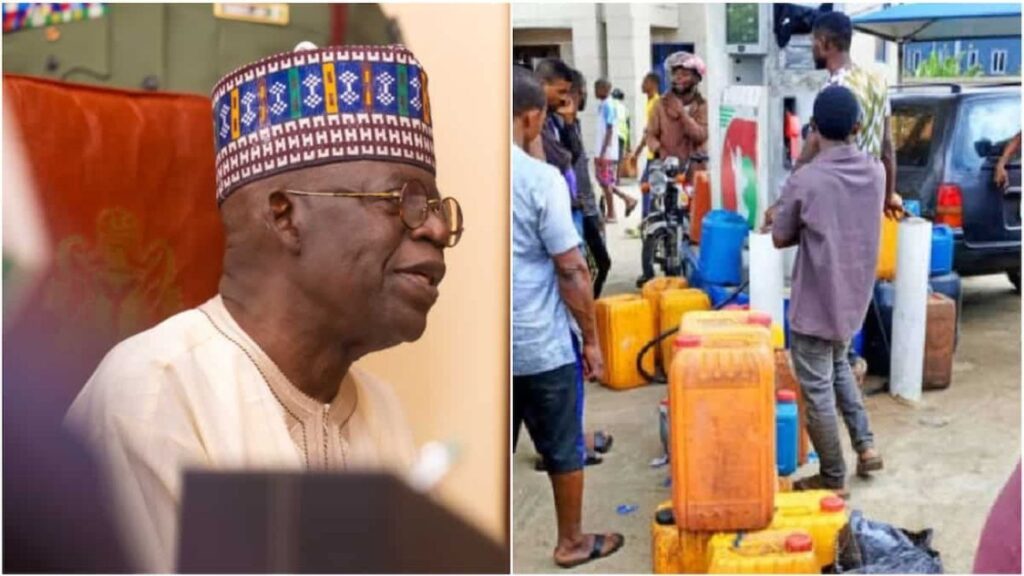 Nigeria's Fuel Crisis: Side-by-Side Image of President Tinubu and a Fuel Station Queue